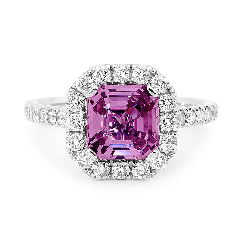 Pink Square Emerald Cut Sapphire Halo Dress Ring image 0