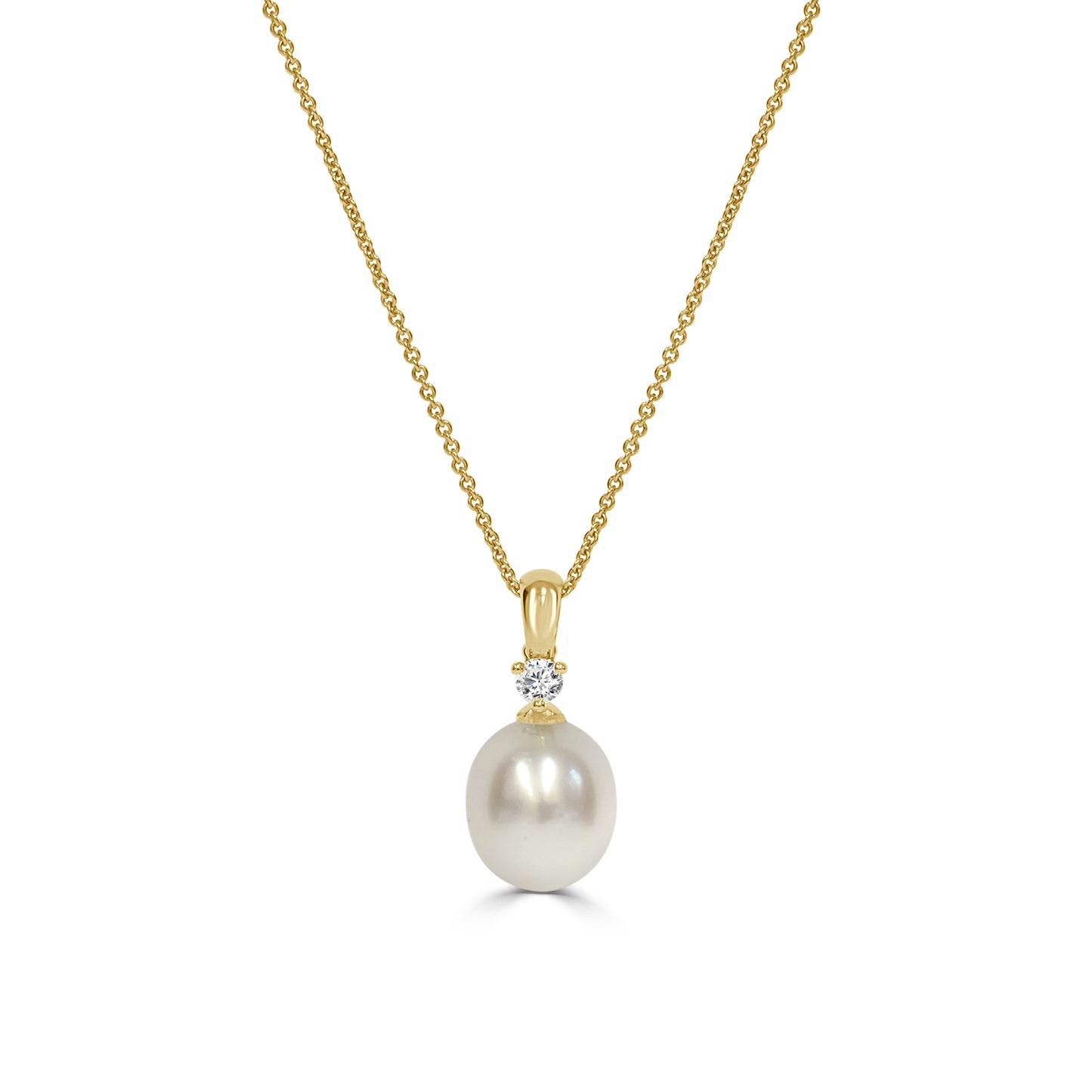 Gold necklace with a pearl pendant on a white background