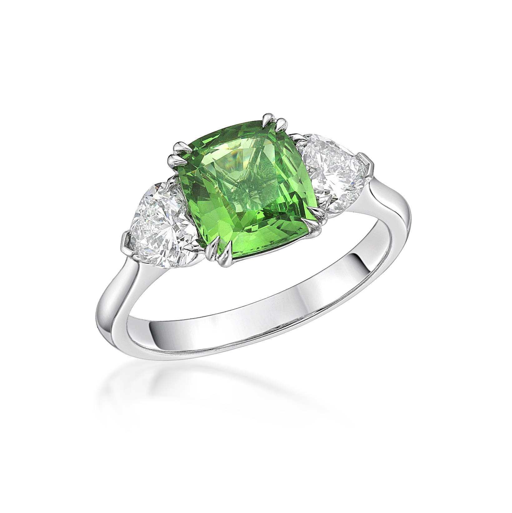 Green Tsavorite and Heart Shape Diamond Trilogy Dress Ring image 1