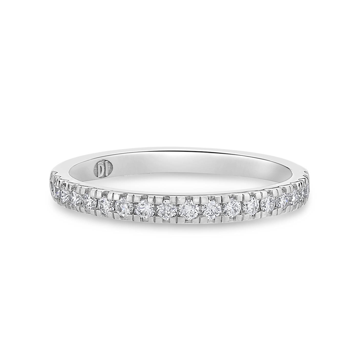 White gold wedding ring with small diamonds on a white background