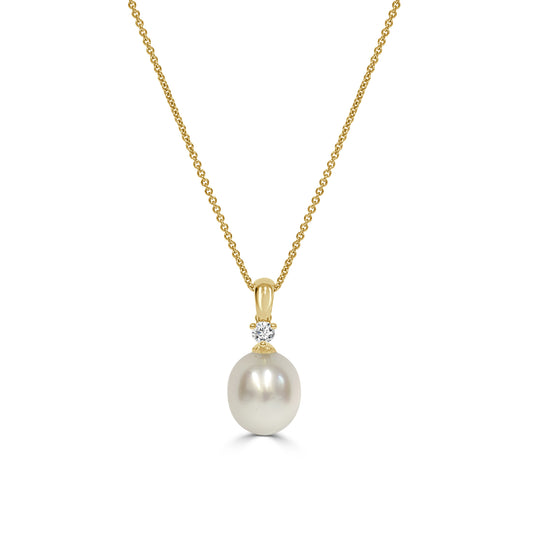 Gold necklace with a pearl pendant on a white background