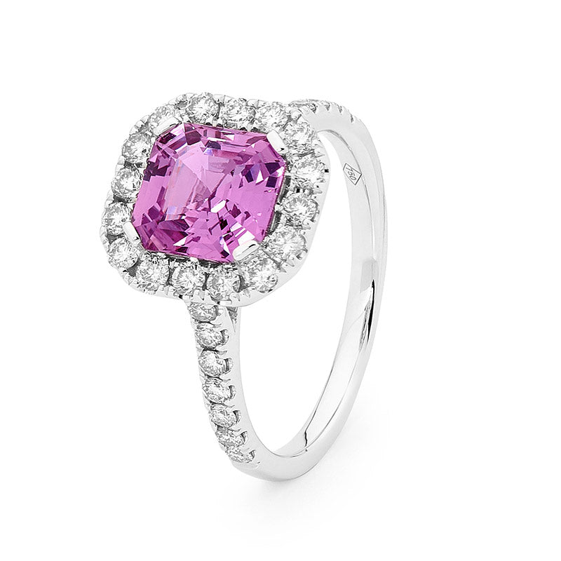 Pink Square Emerald Cut Sapphire Halo Dress Ring image 1