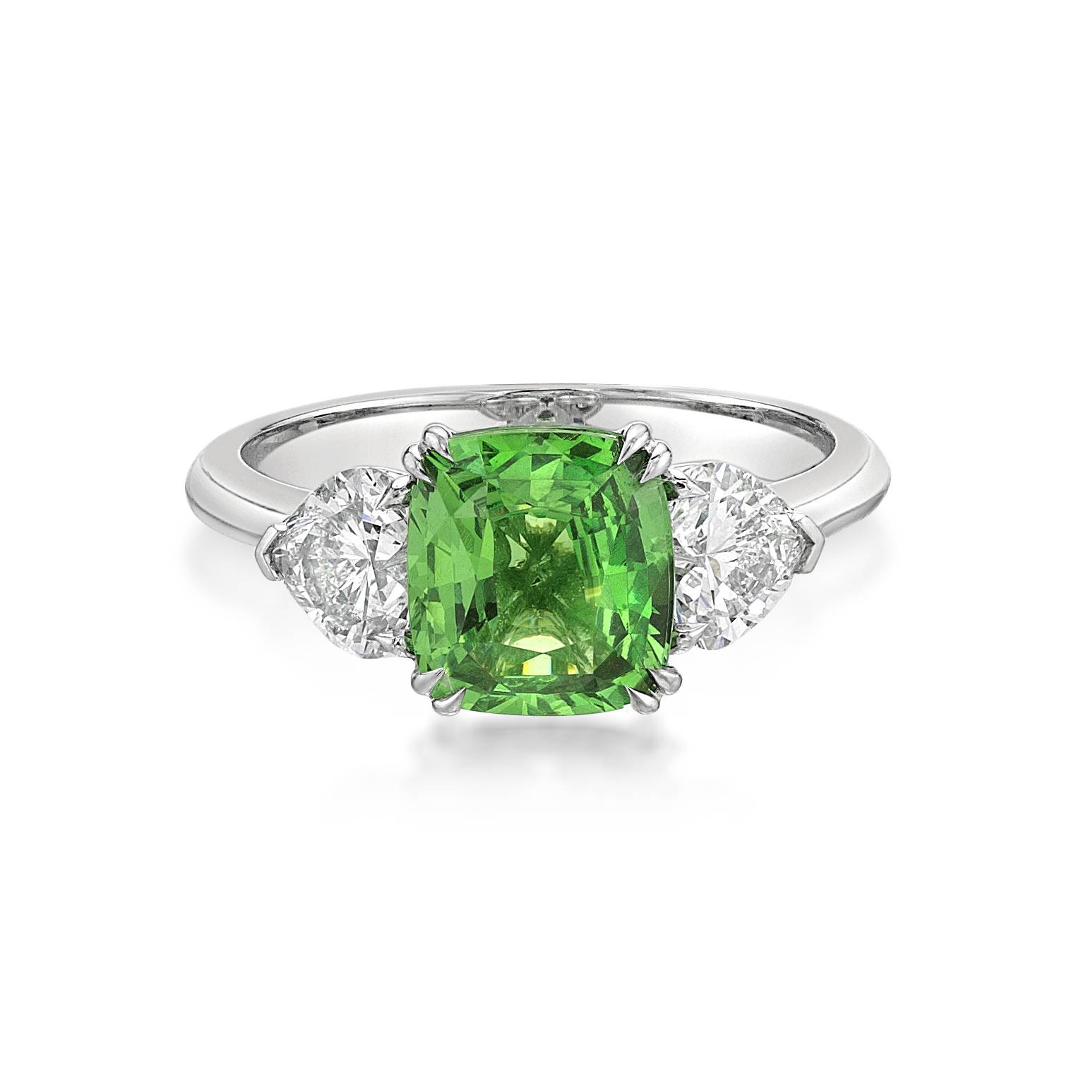 Green Tsavorite and Heart Shape Diamond Trilogy Dress Ring image 0